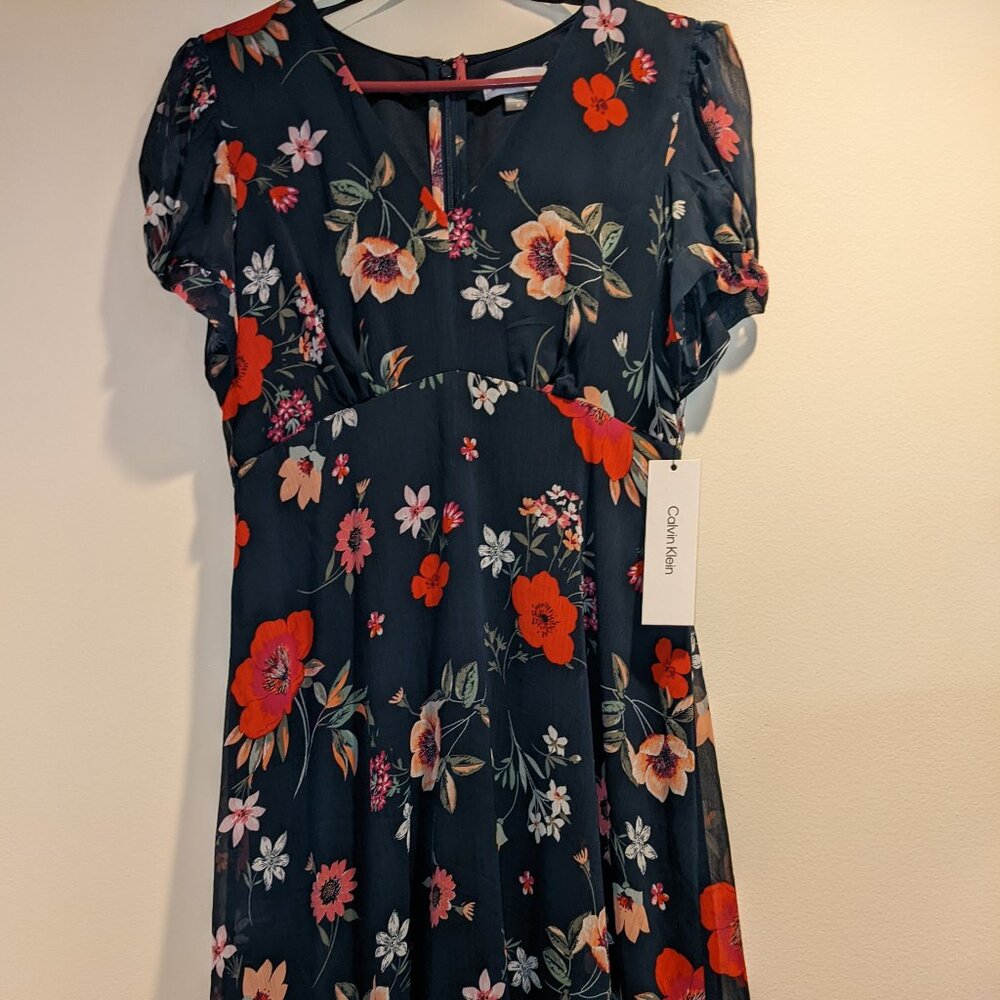 Calvin Klein Women's Short Chiffon Dress with Puff Sleeve Sz 4 NWT